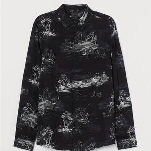 H&M Mens Long Sleeve Button Up Dress Shirt Viscose Black & White Tree Casual